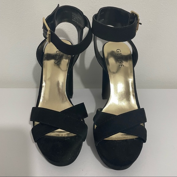 GUESS Platform Black Suede Pumps Heels Gold Buckle Strappy Sandal Open Toe - Picture 5 of 6